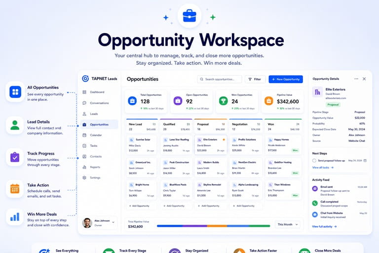 Opportunity workspace dashboard graphic for tracking qualified leads.