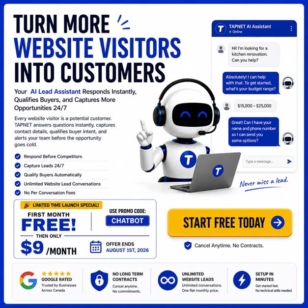 TAPNET AI Assistant chatbot graphic for turning website visitors into leads.
