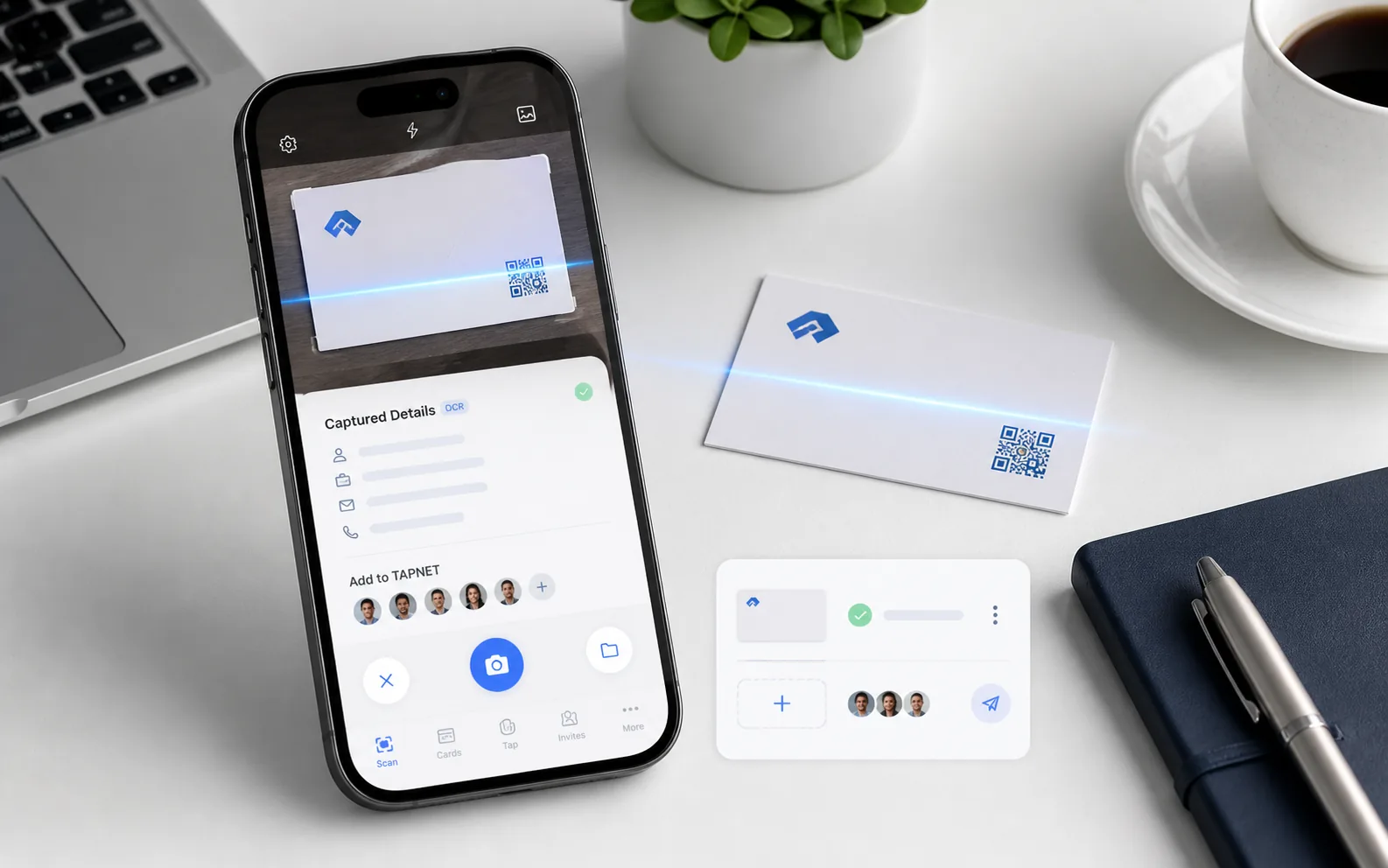 TAPNET Business Card Scanner product visual showing mobile card capture, OCR details, saved images, and lead handoff.