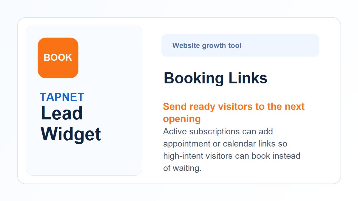 TAPNET Lead Widget booking feature image showing appointment and calendar link promotion.