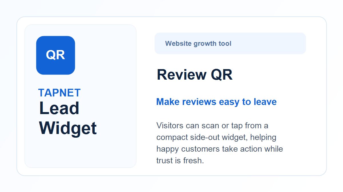 TAPNET Lead Widget Review QR feature image showing a review QR tool for website visitors.