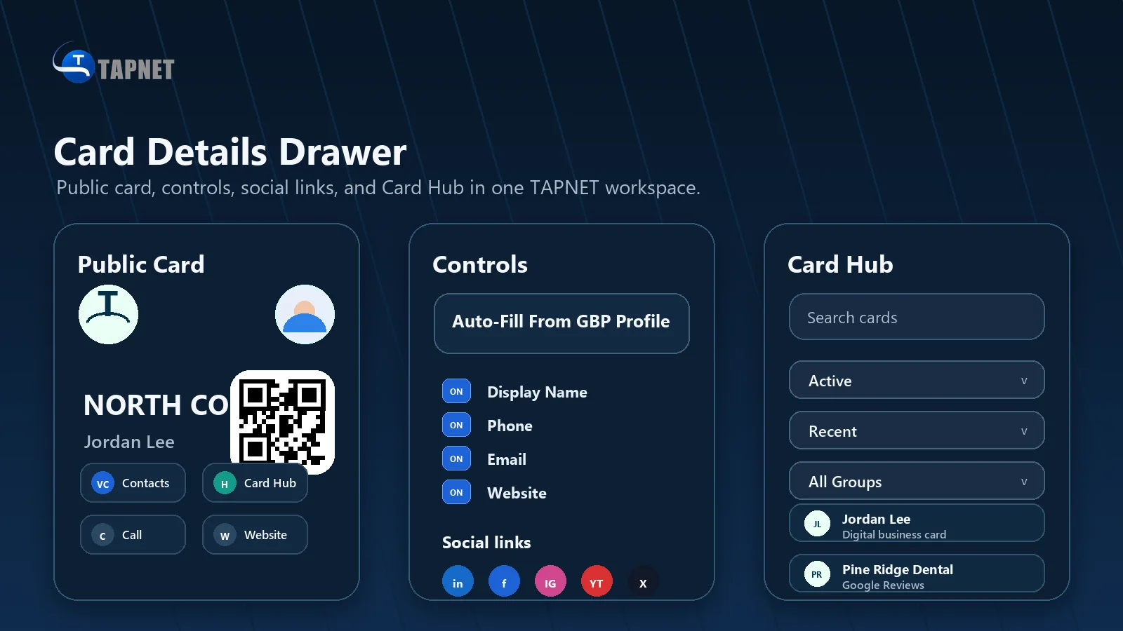 Designed TAPNET virtual business card details overview with QR card, public controls, social links, and Card Hub.