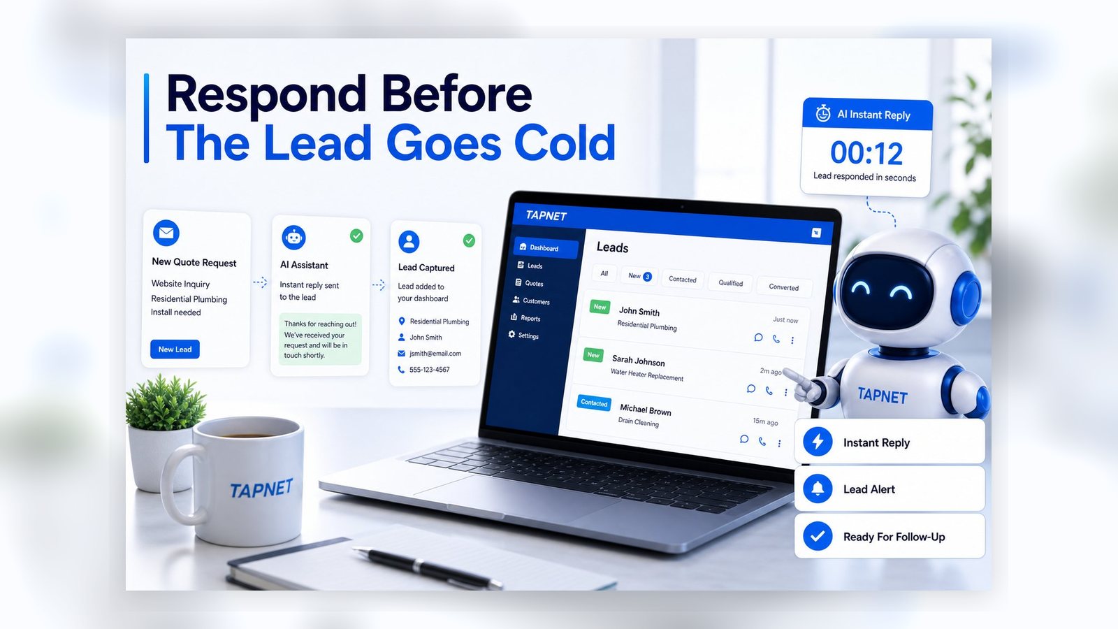 16:9 TAPNET AI Assistant lead response graphic without pricing or promo text.