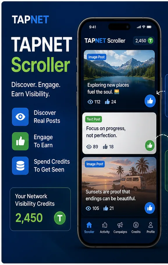 TAPNET Scroller mobile preview showing social posts, swipe actions, likes, and visibility credits.