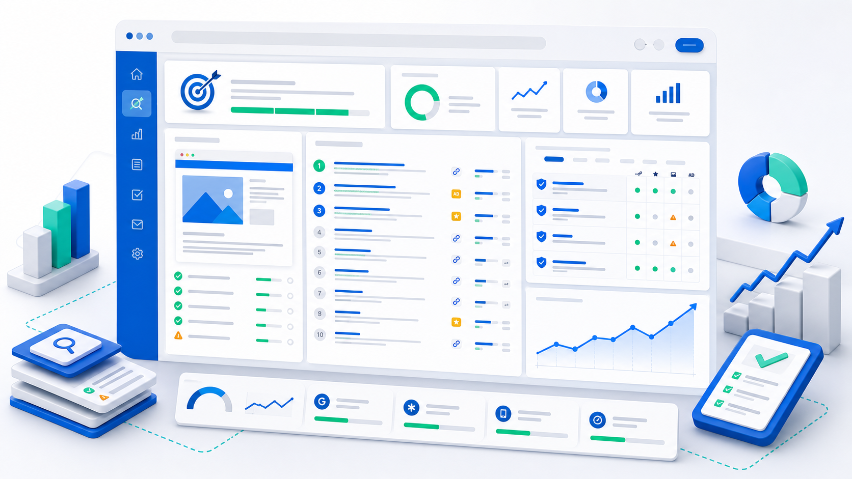 SEO Hub keyword workspace dashboard showing top search results, competitor evidence, page optimization tasks, Search Console signals, and ranking progress charts.