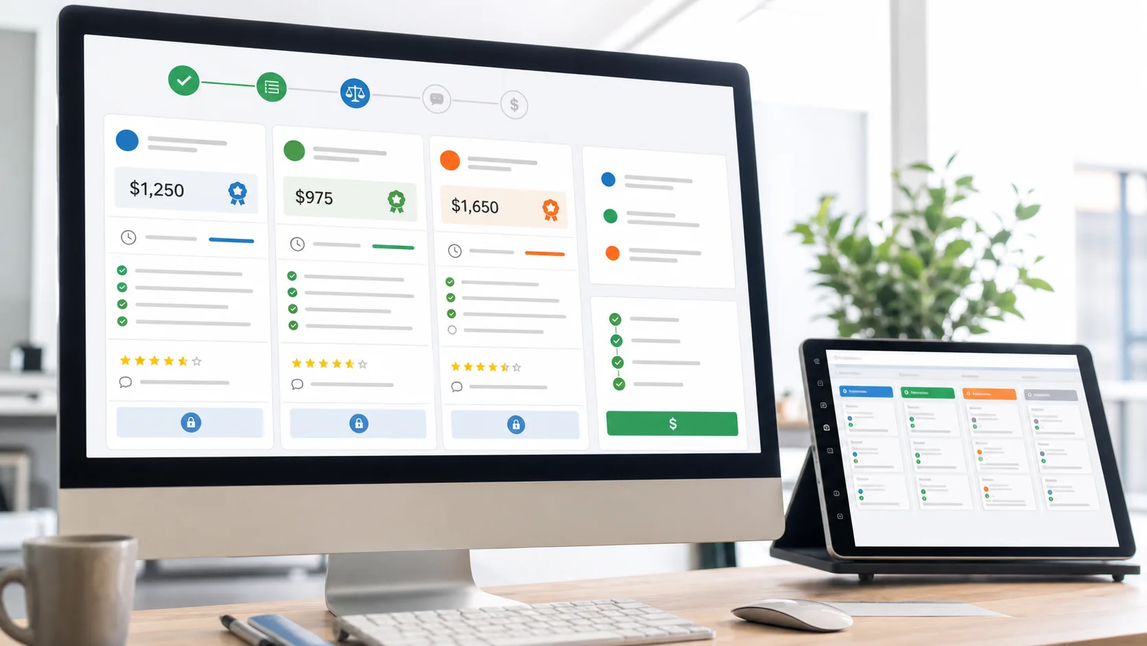 SEO Queue Marketplace bid comparison dashboard showing provider cards, scope checklists, timelines, review signals, and payment readiness.