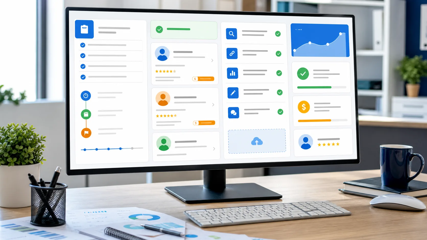 SEO Queue Marketplace dashboard showing scoped SEO tasks, provider bid cards, delivery workflow, payment status, and client review signals.