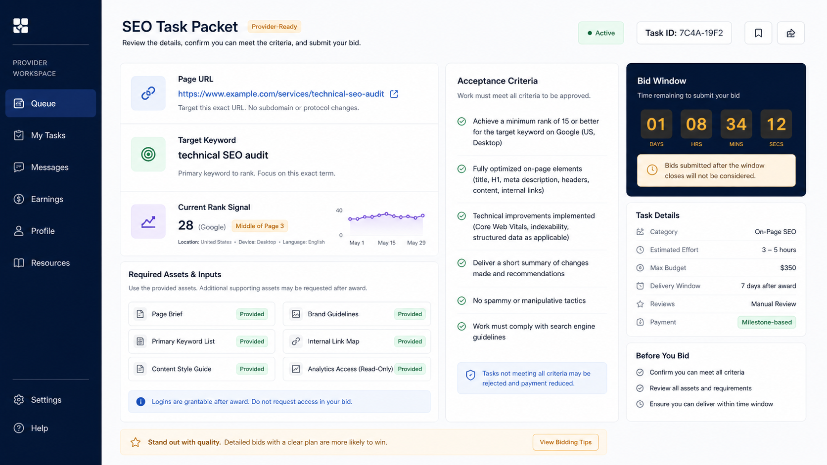 SEO Queue Marketplace task packet showing page URL, target keyword, rank signal, required assets, acceptance criteria, and bid window.