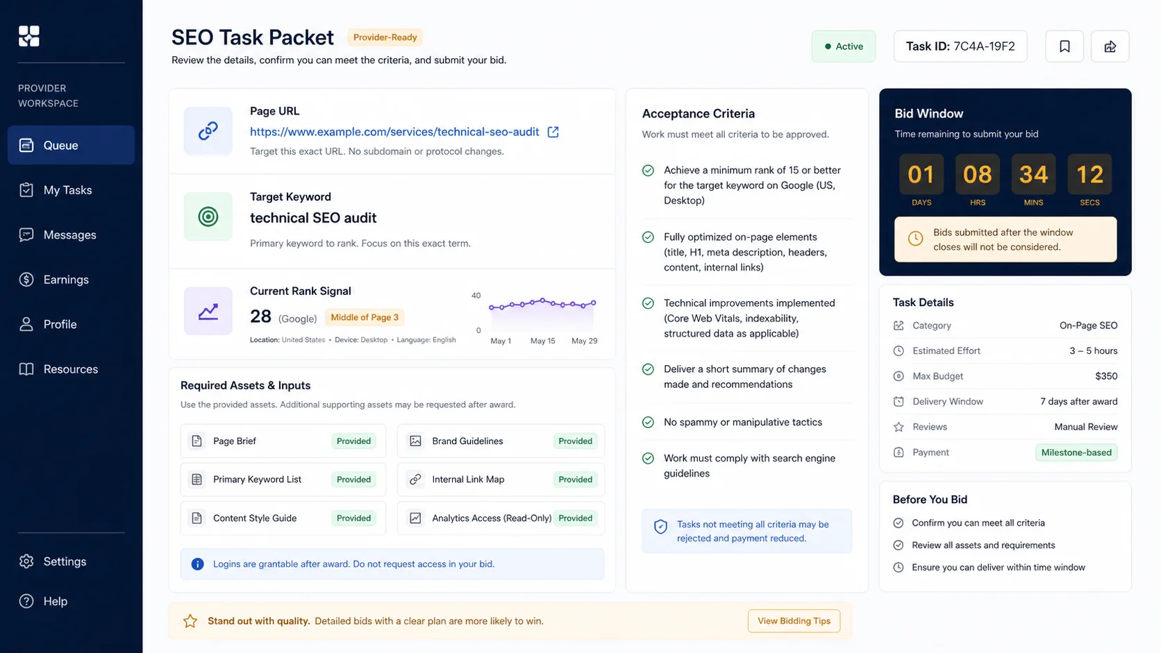SEO Queue Marketplace task packet showing page URL, target keyword, rank signal, required assets, acceptance criteria, and bid window.