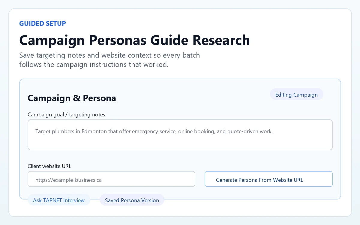 Designed Campaign Persona builder graphic for Lead Assist Premium prospect targeting from notes and website details.